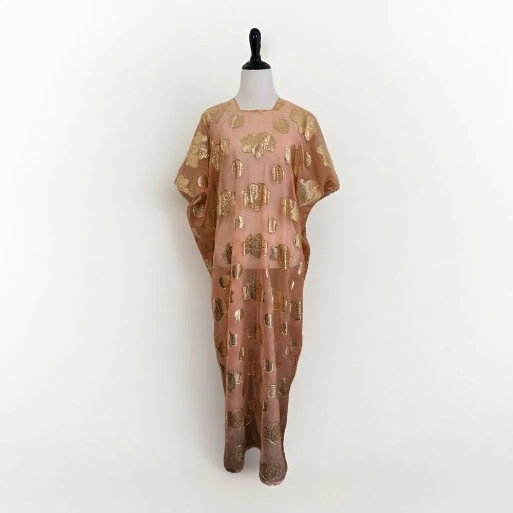 Kaftan Caftan Maxi Dress 1 Size Peach BOHO Gold Paisley Embellished Square Neck - Picture 2 of 12